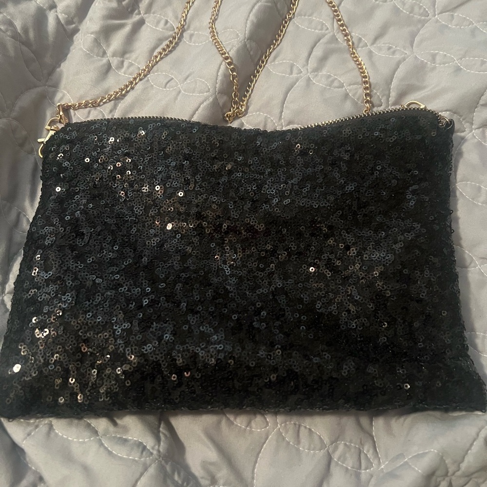 Glamorous Black Sequin Clutch with Gold Chain